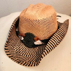 Stylish Tan and Black Straw Cowboy Hat